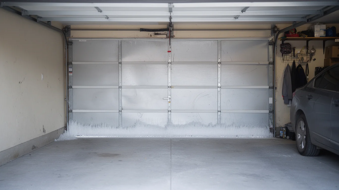 The garage door has ice and icicles along the bottom.