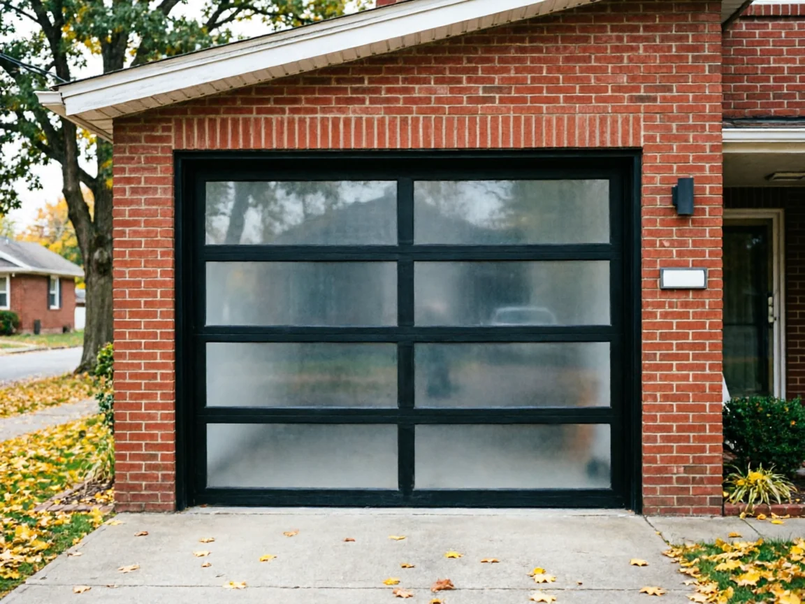 The house has a black garage door with frosted glass panels and a brick exterior.