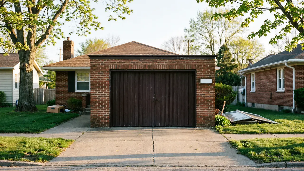 A brown wooden garage door is set in a brick garage with a driveway.
