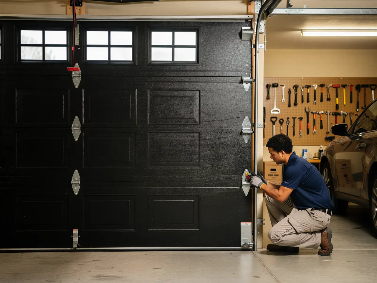 A technician in gloves is working on the bottom roller of a black garage door.