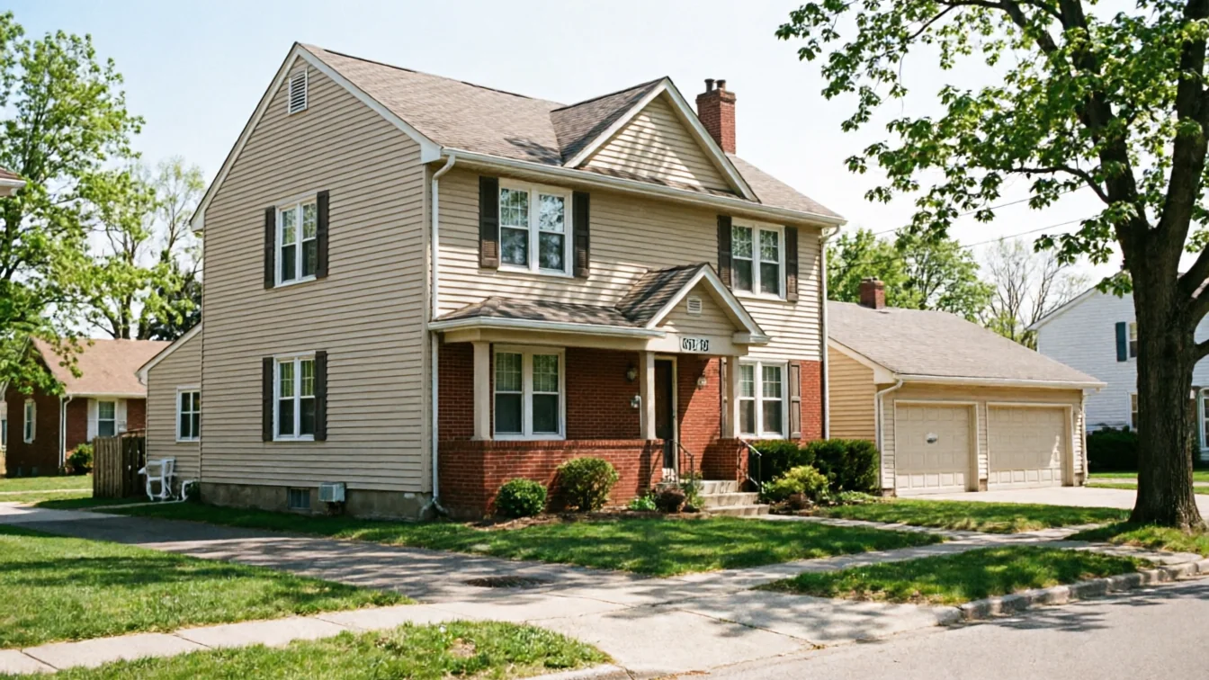 The house has tan siding, a brick foundation, and a two-car garage.