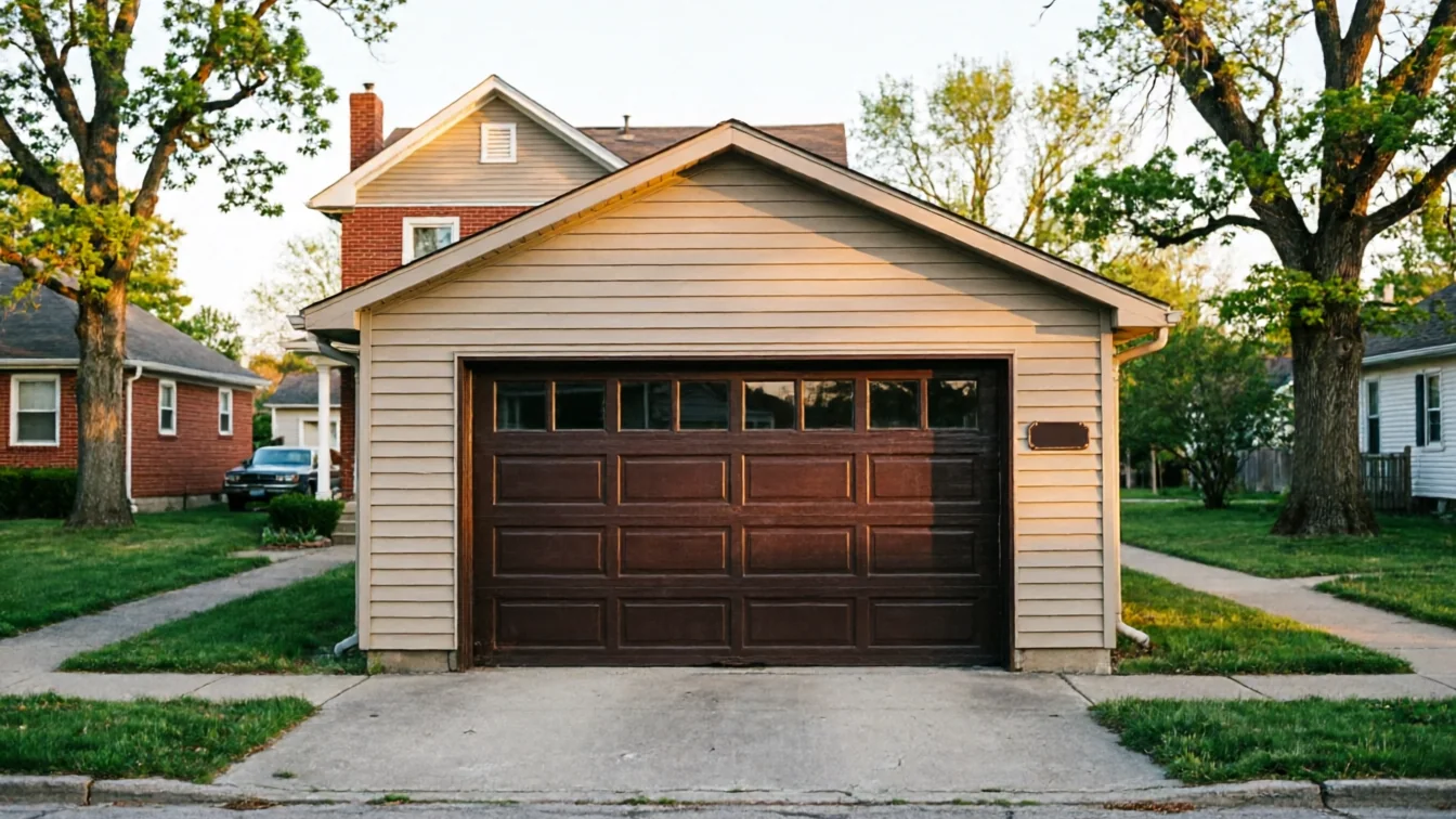 A detached garage with a brown garage door and windows stands in front of a house.