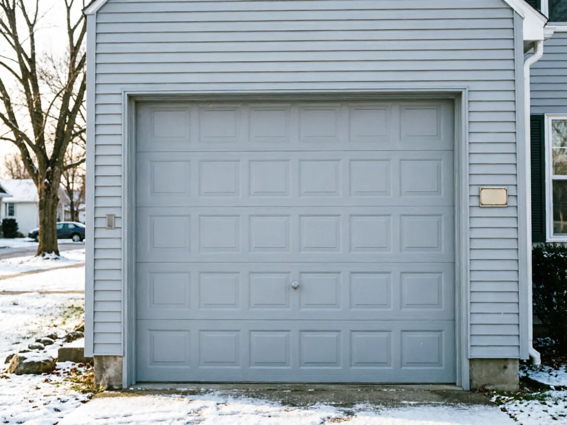 The gray garage door is closed on a house with light blue siding and snow.