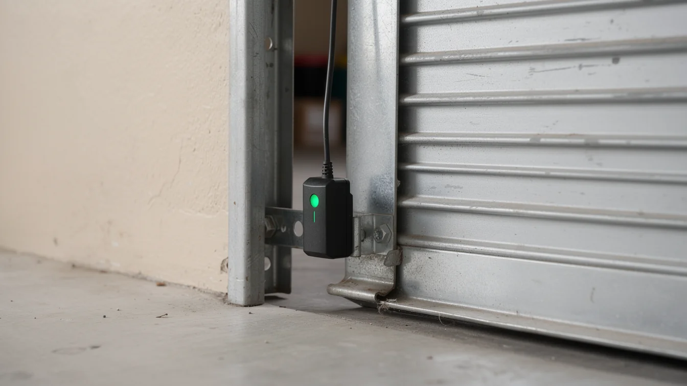 A black sensor with a green light is mounted on a metal garage door frame.