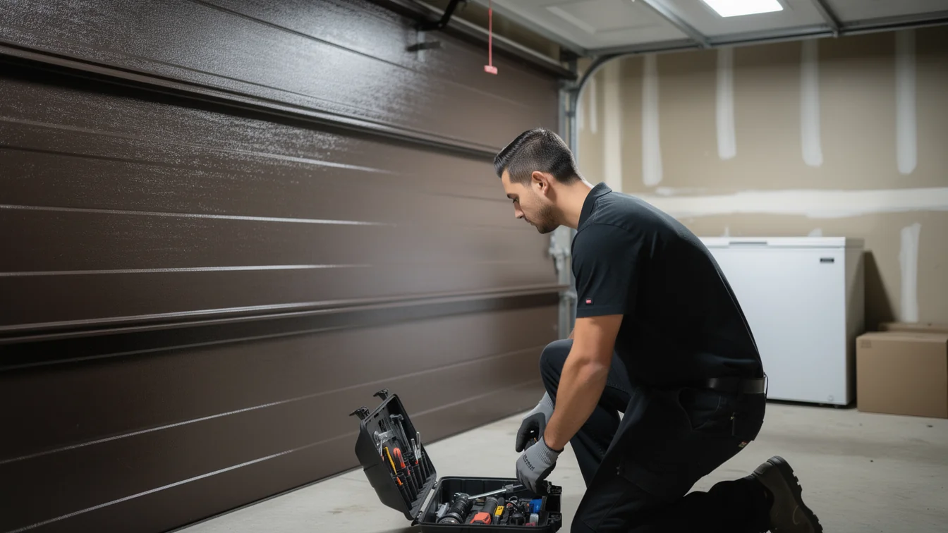 A technician kneels in front of a brown garage door, looking into his open toolbox.