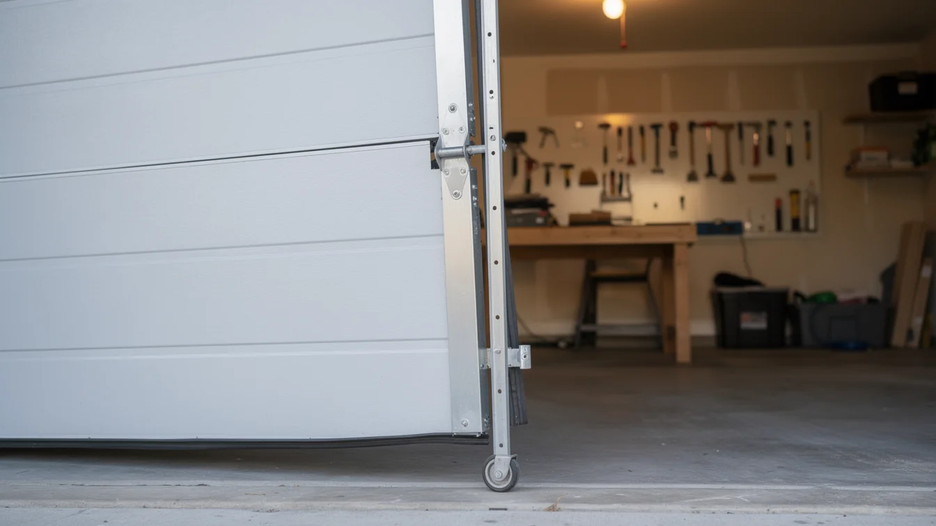 The white garage door is slightly open, showing a roller and the garage interior.